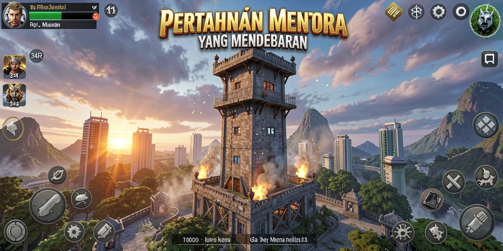 Tampilan gameplay mendebarkan di 34R dengan menara dan musuh yang beragam.