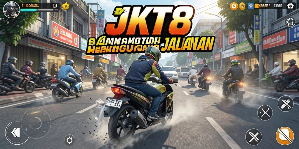 Gameplay seru di JKT8 dengan aksi balapan motor yang intens.
