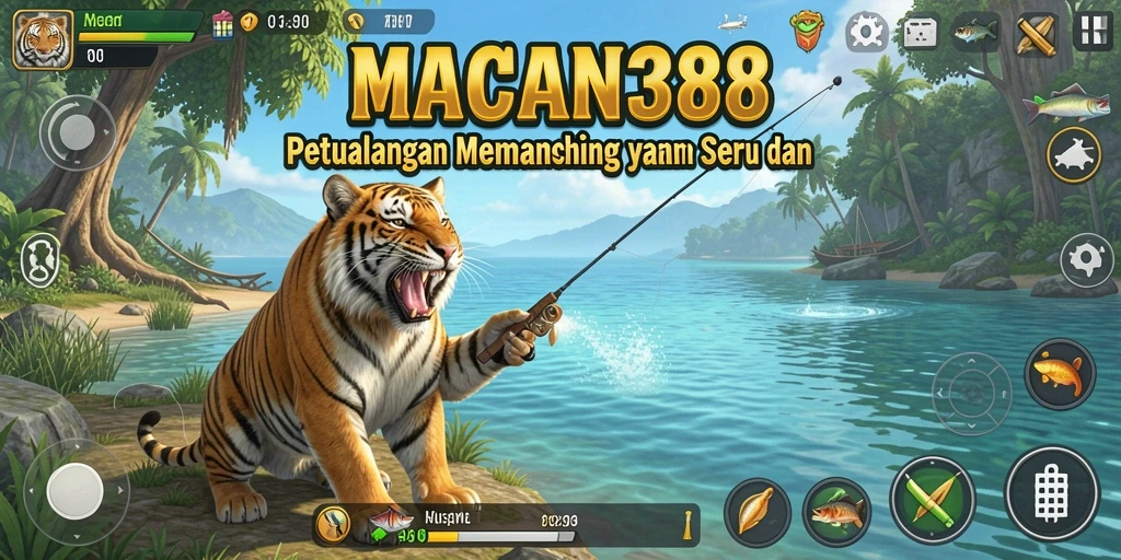 Screenshot gameplay <strong>MACAN388</strong> menampilkan pemain sedang menangkap ikan di danau yang indah.