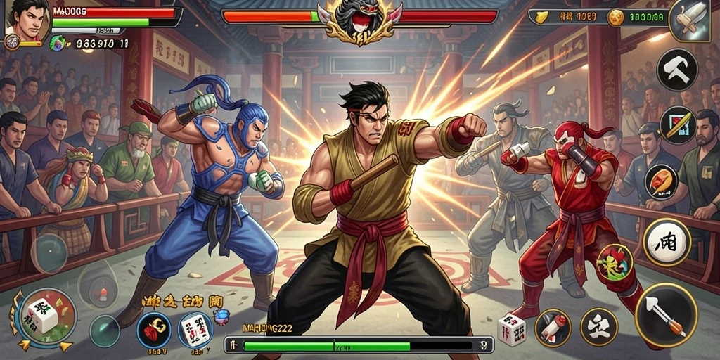 Gameplay seru dalam MAHJONG222 yang menampilkan pertarungan megah.