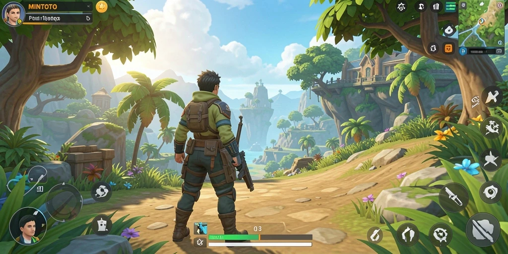 Tampilan gameplay MINTOTO di dunia terbuka yang luas dan memukau.