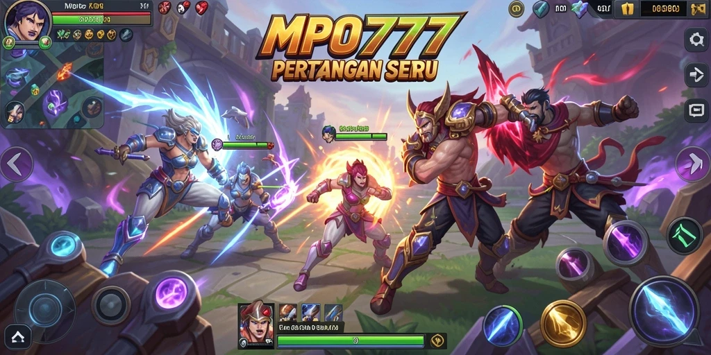 Screenshot gameplay MPO777 yang menampilkan pertempuran seru antar pahlawan.