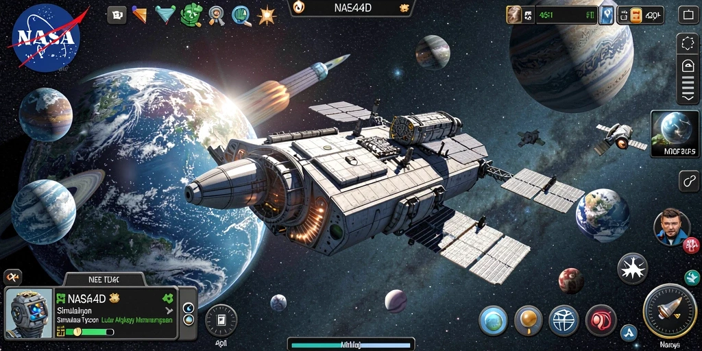 Tangkapan layar gameplay NASA4D yang menggambarkan manajemen luar angkasa.