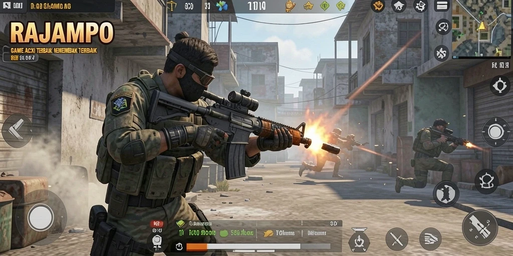 Gameplay seru dan mendebarkan dalam RAJAMPO dengan aksi tembak menembak.