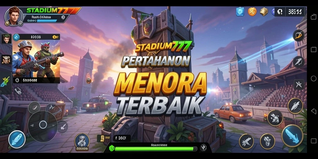 Gameplay STADIUM77 dengan menara dan musuh yang beragam.